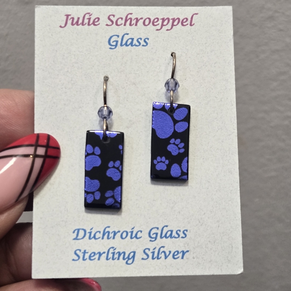 Dichroic Glass Sterling Silver Earrings Paw Prints